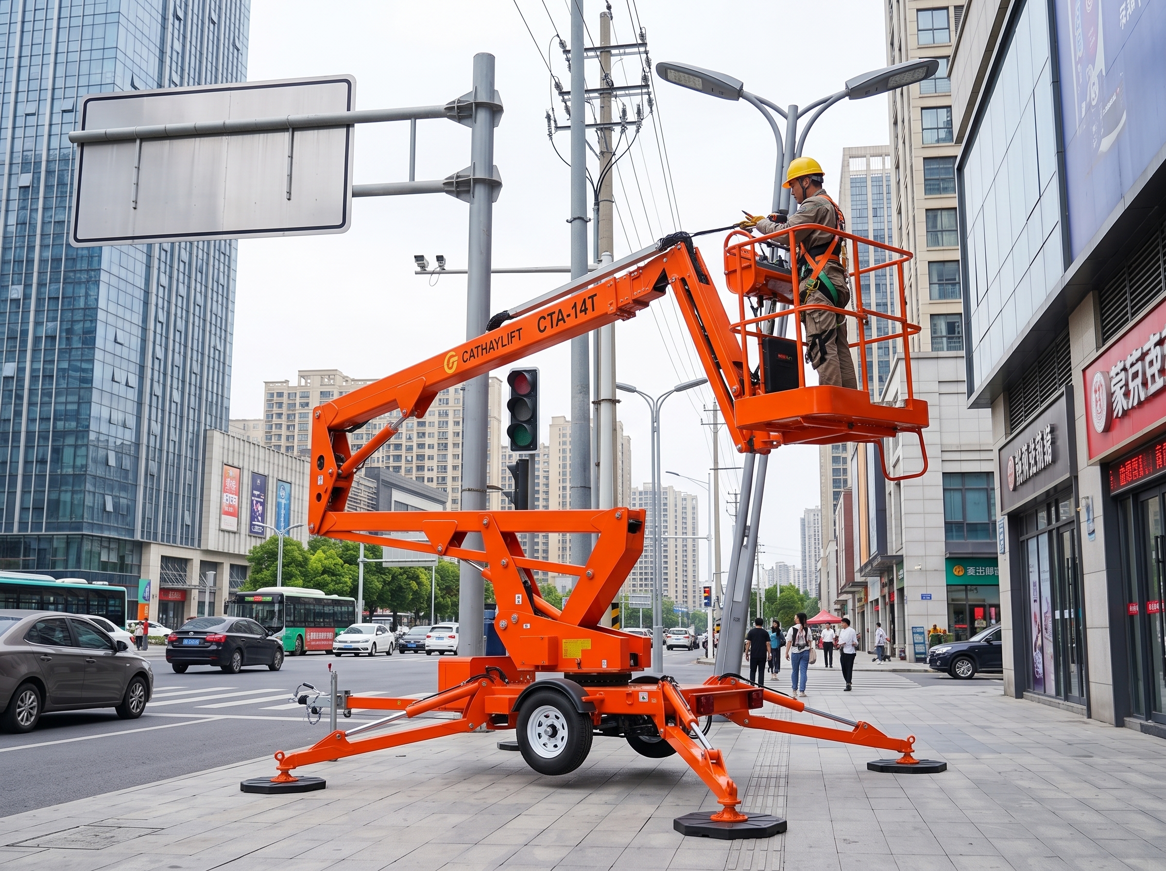 Прицепной подъёмник CATHAYLIFT CTA-14T в работе